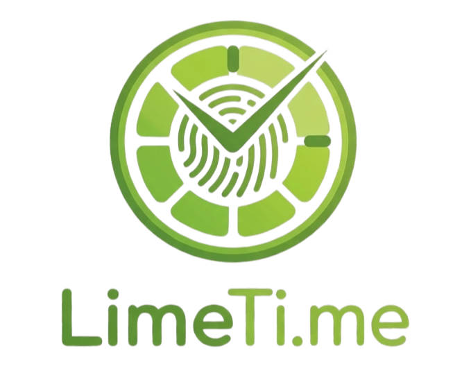 Green circular logo with a fingerprint design in the center and clock hands indicating time, with 'LimeTi.me' written below.