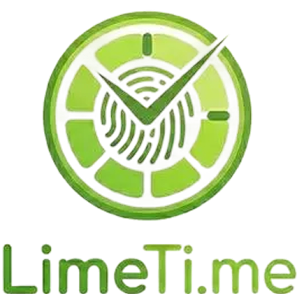 Green circular clock icon with a fingerprint pattern and a checkmark inside, above the text 'LimeTi.me' in green.